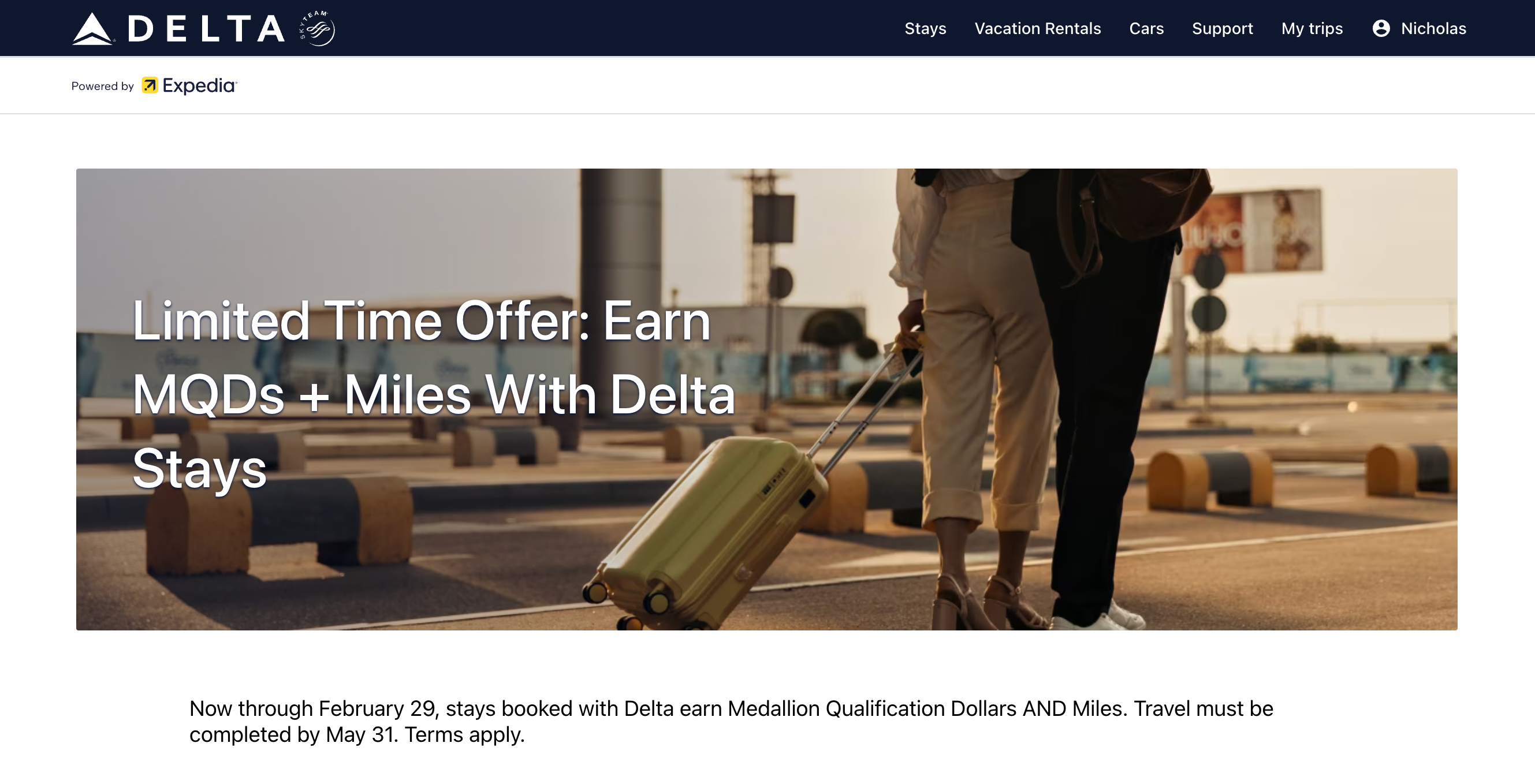 The landing page for a limited-time offer to earn MQDs on hotels booked via Delta Stays
